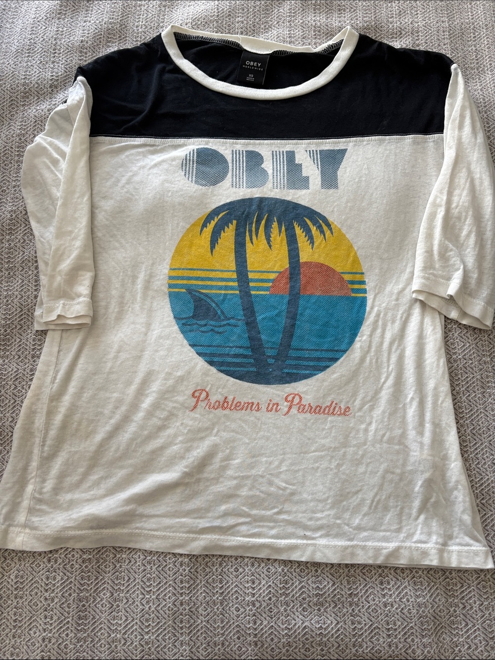 Obey White & Black Palm Sunset Graphic Baseball Tee
